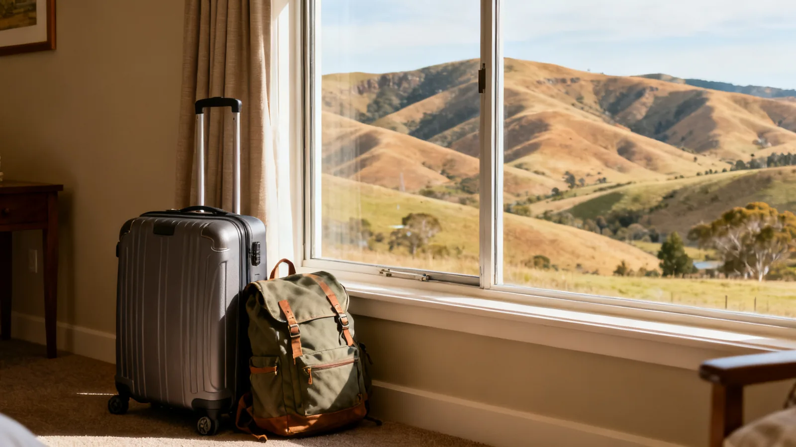 A suitcase and day pack beside a guesthouse window overlooking southern foothills