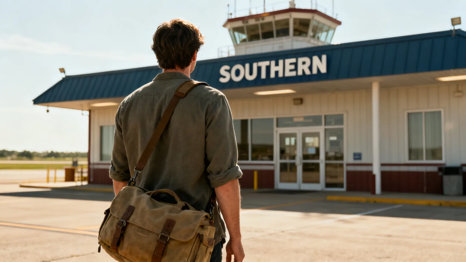 A traveller from behind with a day bag outside a small southern airport terminal