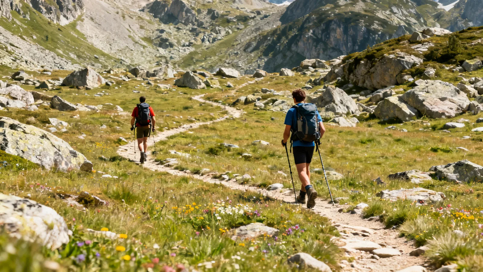 Hikers from a distance choosing a footpath across a rocky alpine meadow
