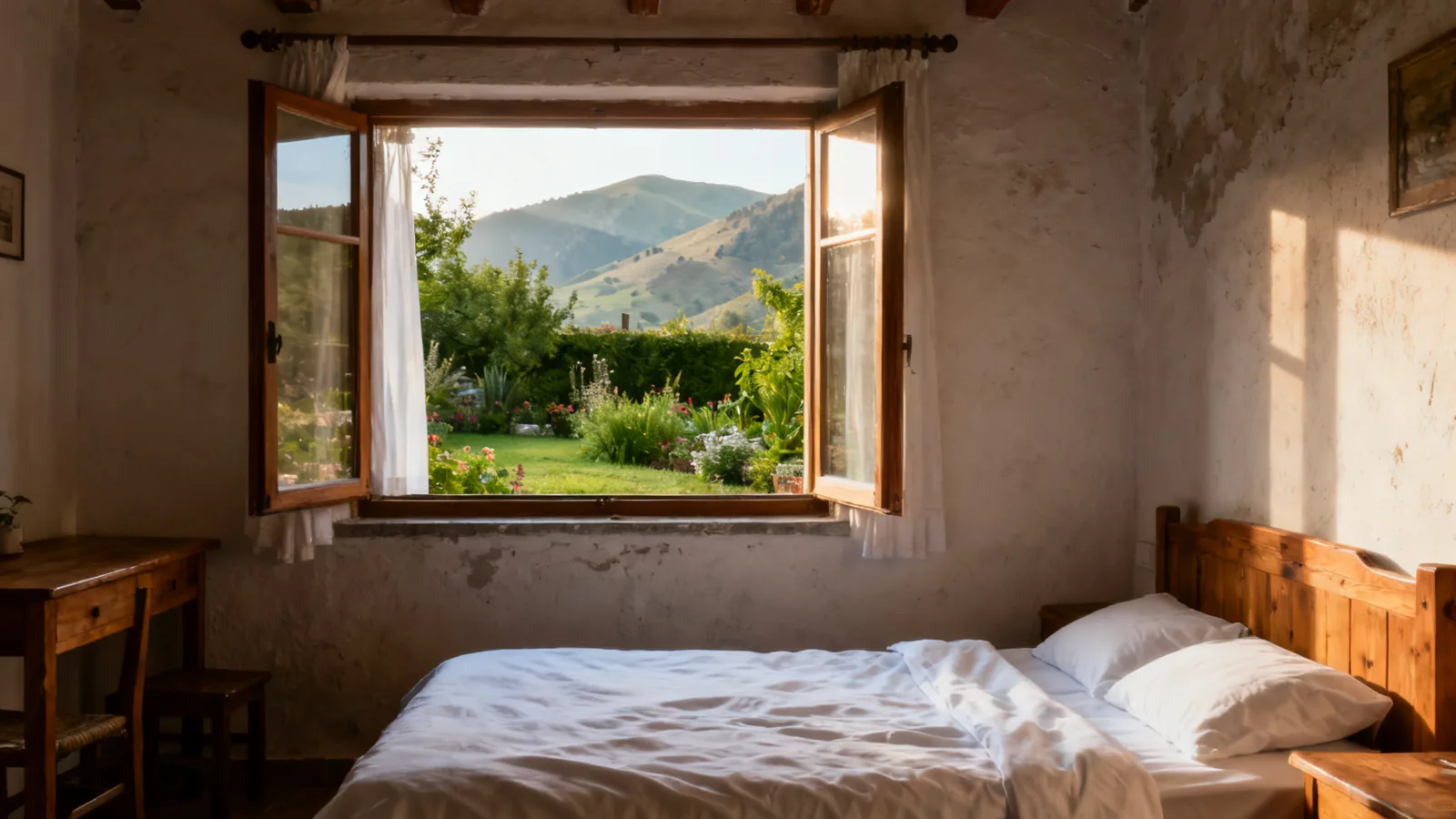A modest mountain guesthouse bedroom with a window facing a garden and distant hills