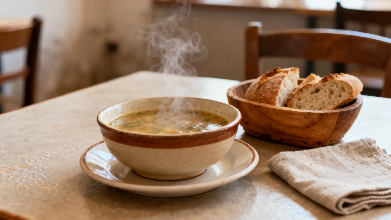 A warm small-town restaurant table set with soup and bread after a walking day