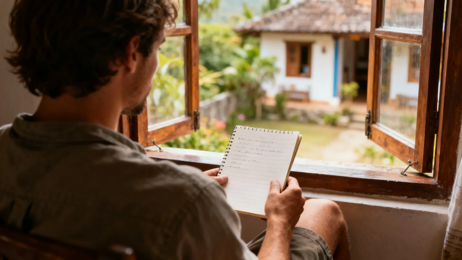 A visitor from behind sitting by a guesthouse window with a paper notebook