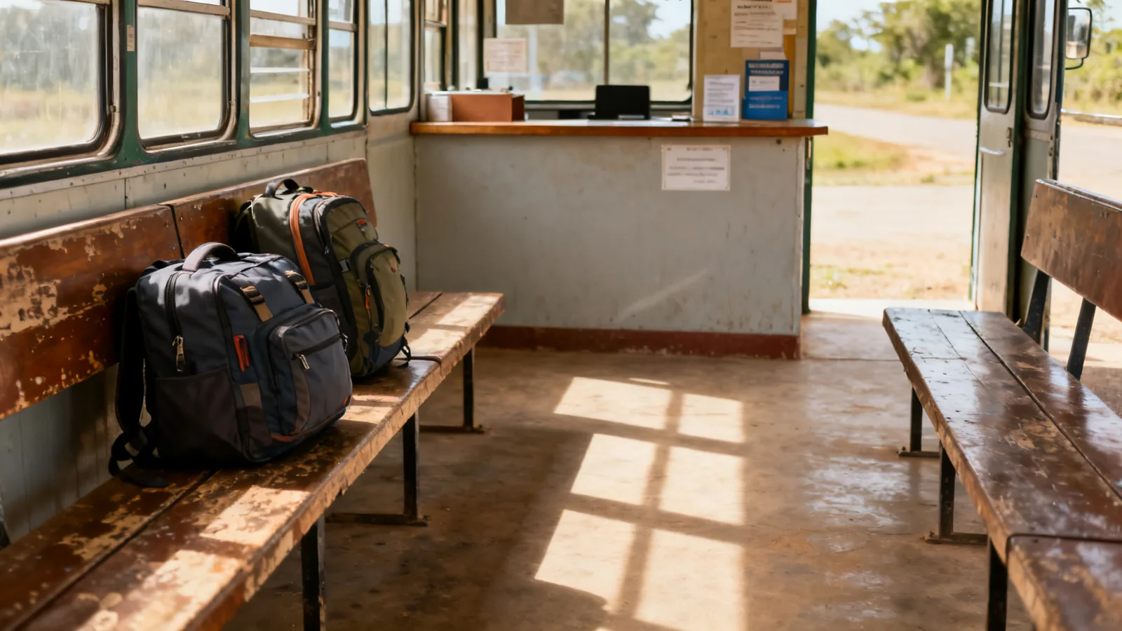 A small rural bus terminal with travel bags and empty seats, no legible signs