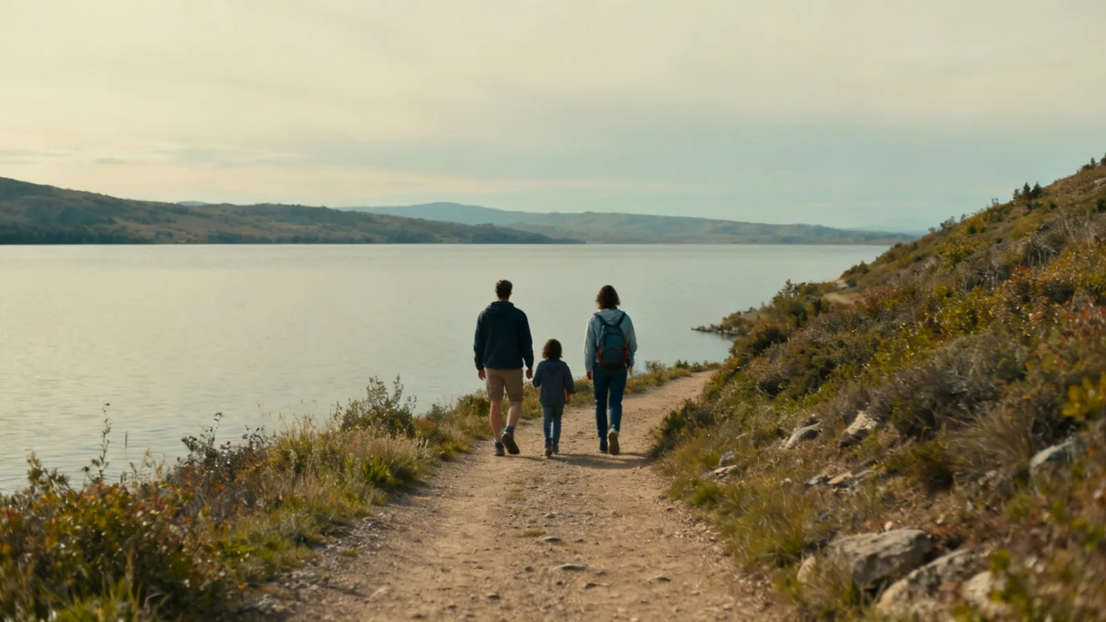 A family from behind at a gentle lakeside trail, faces not identifiable