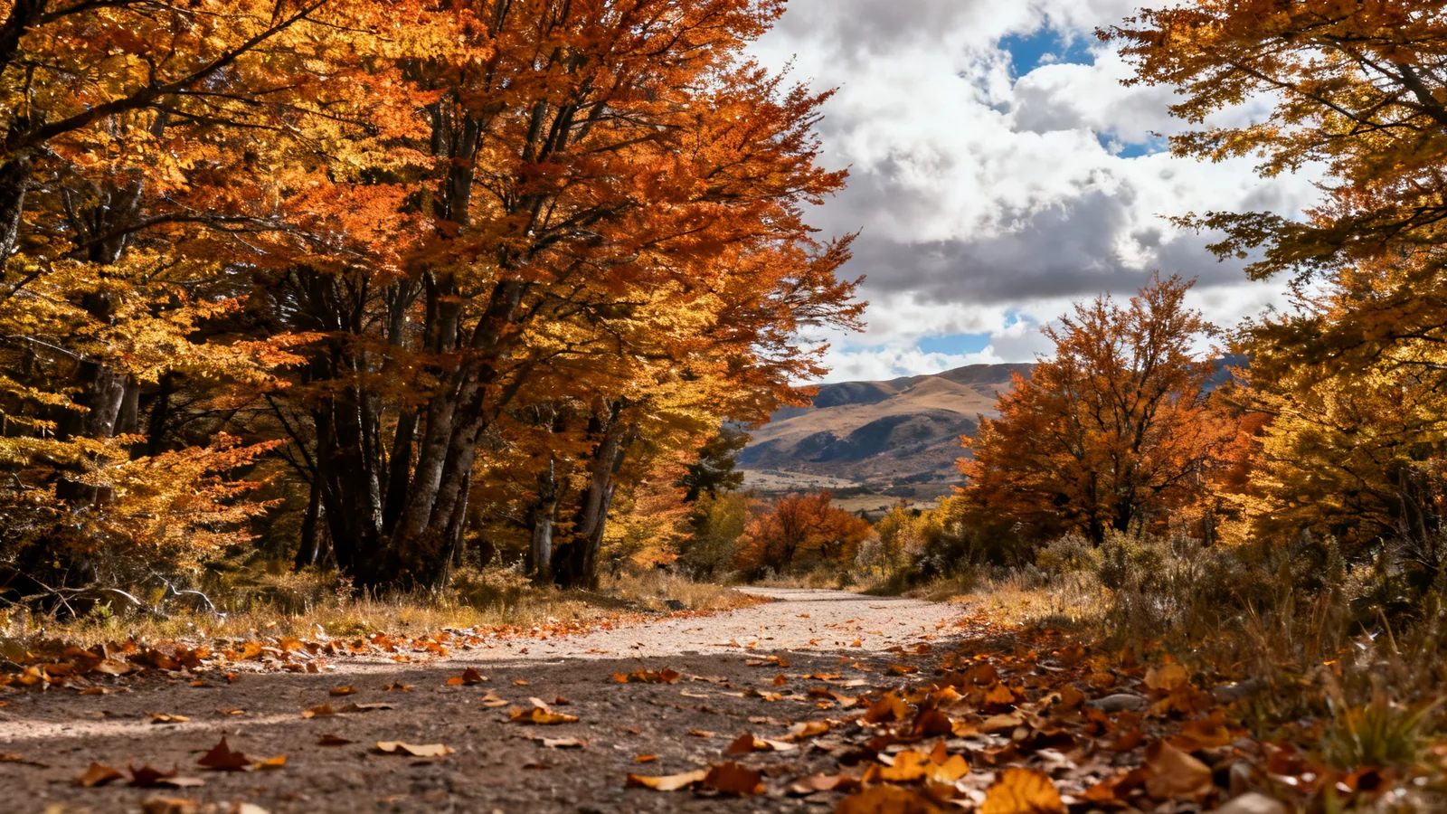 A patagonian woodland path in autumn with patchy cloud and distant foothills