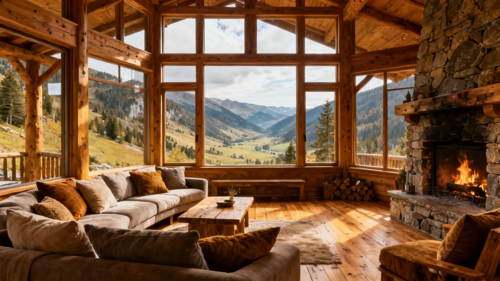 A refined timber mountain lodge sitting area with a wide valley view
