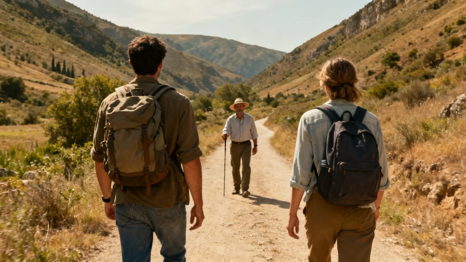 Two travellers from behind with a guide on a quiet southern valley path