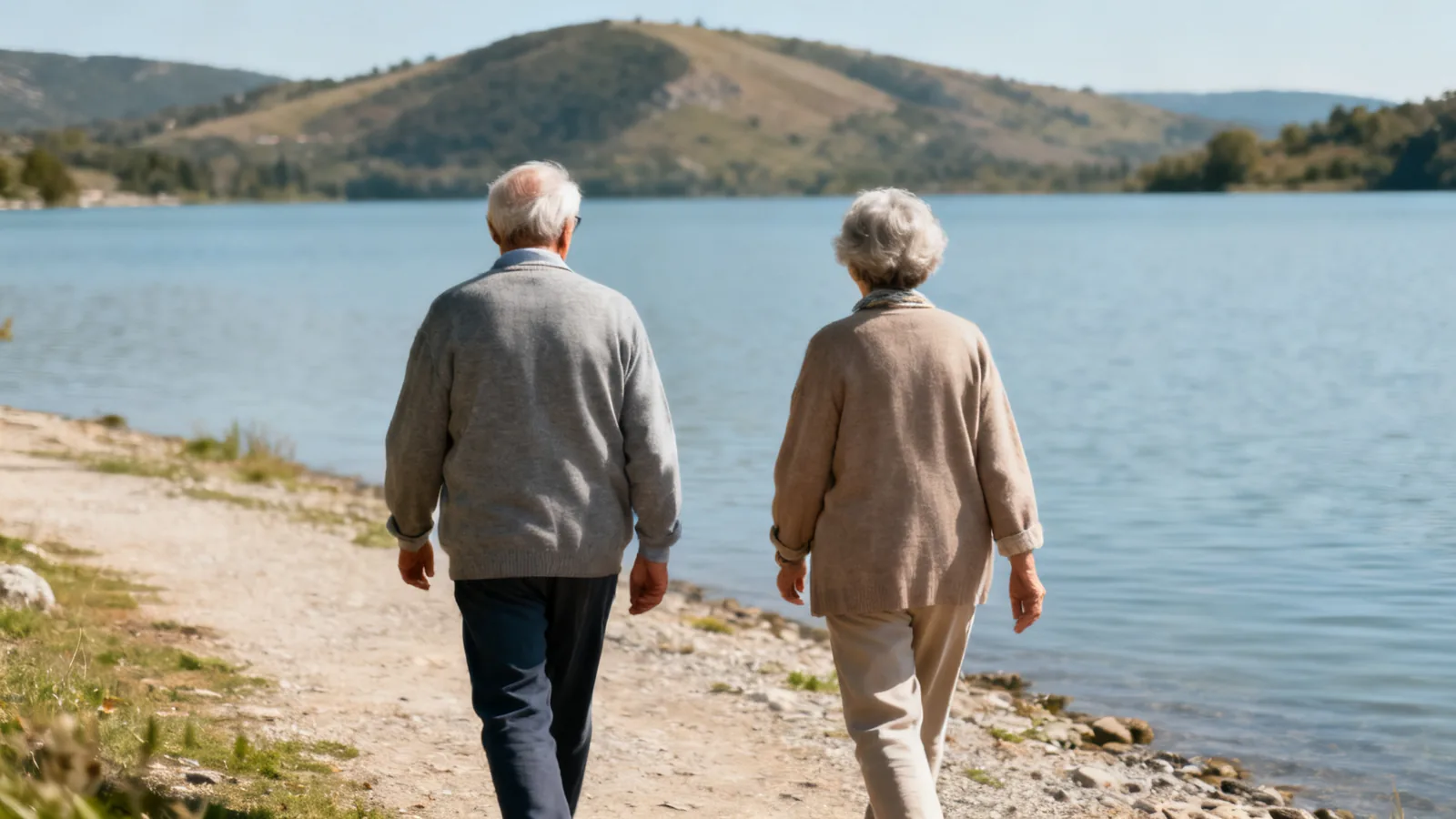 Older travellers from behind enjoying a level lakeside walk with distant hills