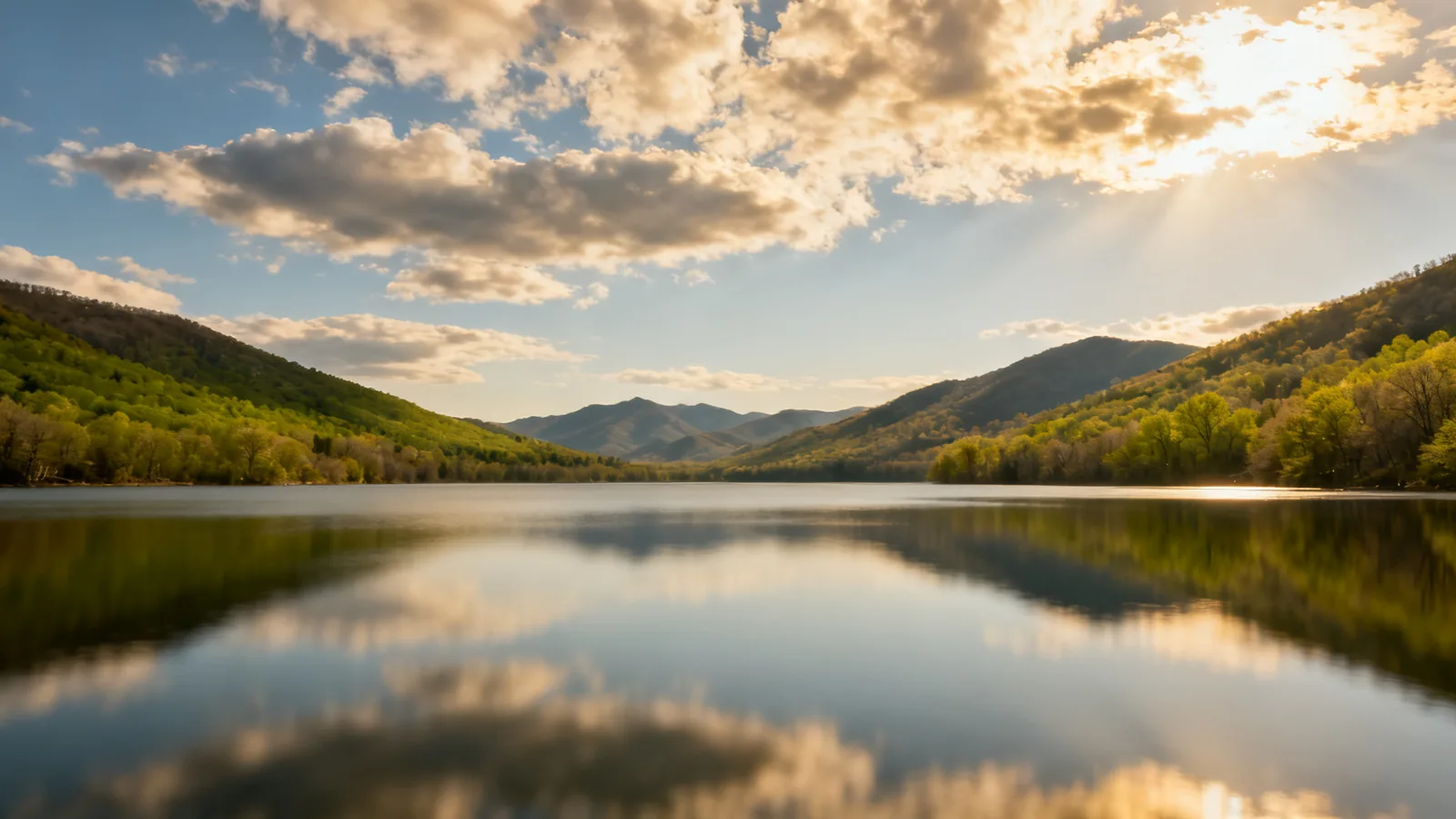 Sunlight breaking through cloud over a southern mountain lake in spring