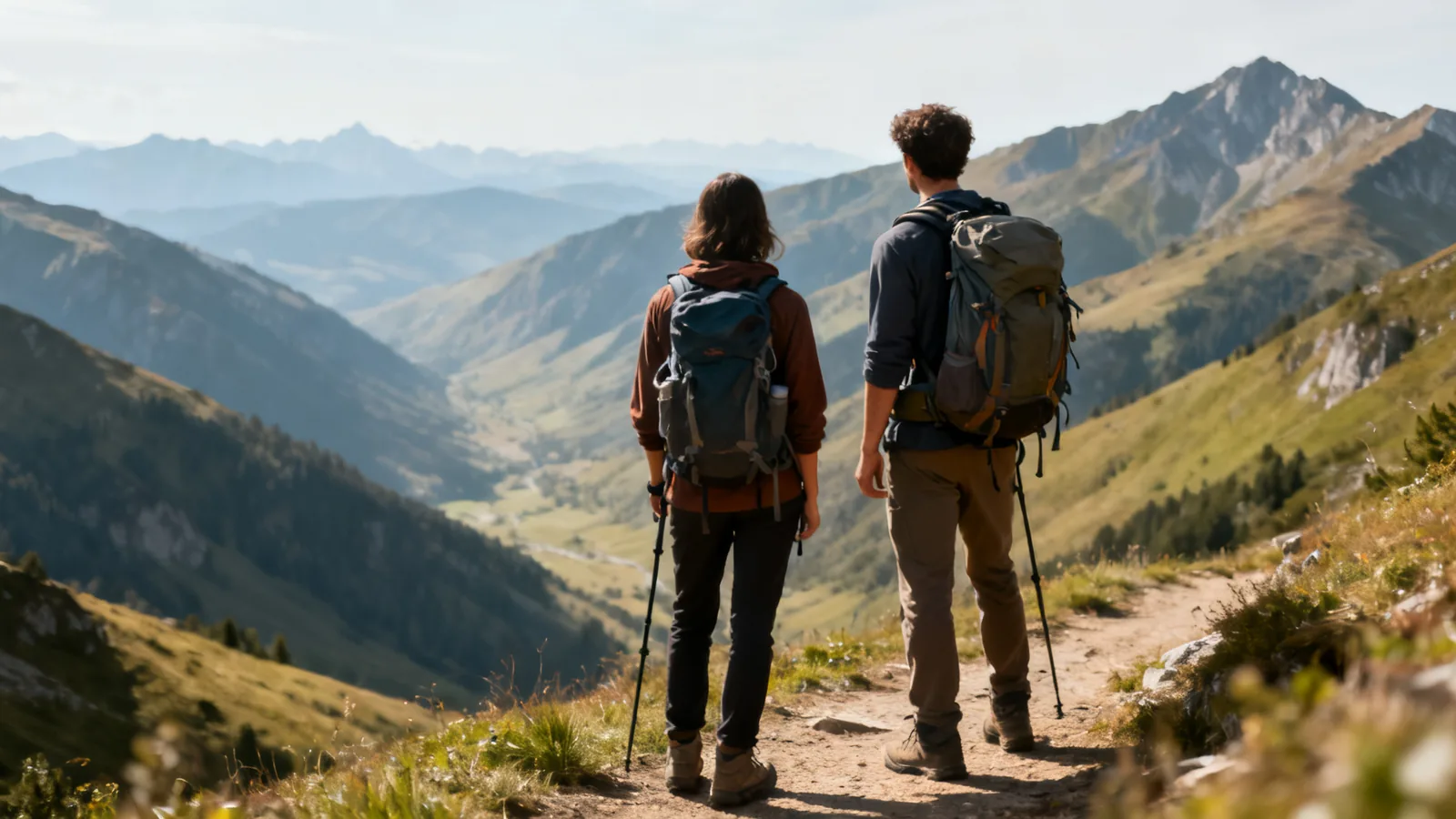 Two hikers from behind considering a broad mountain valley and a trail