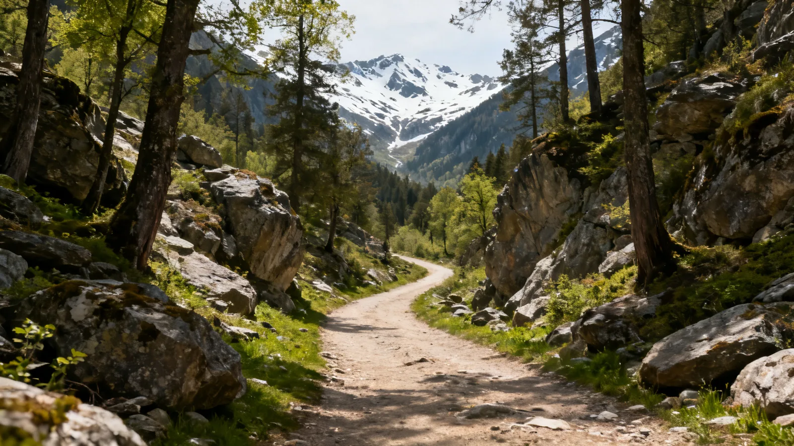 A rocky wooded valley path leading toward distant snow-covered mountain slopes