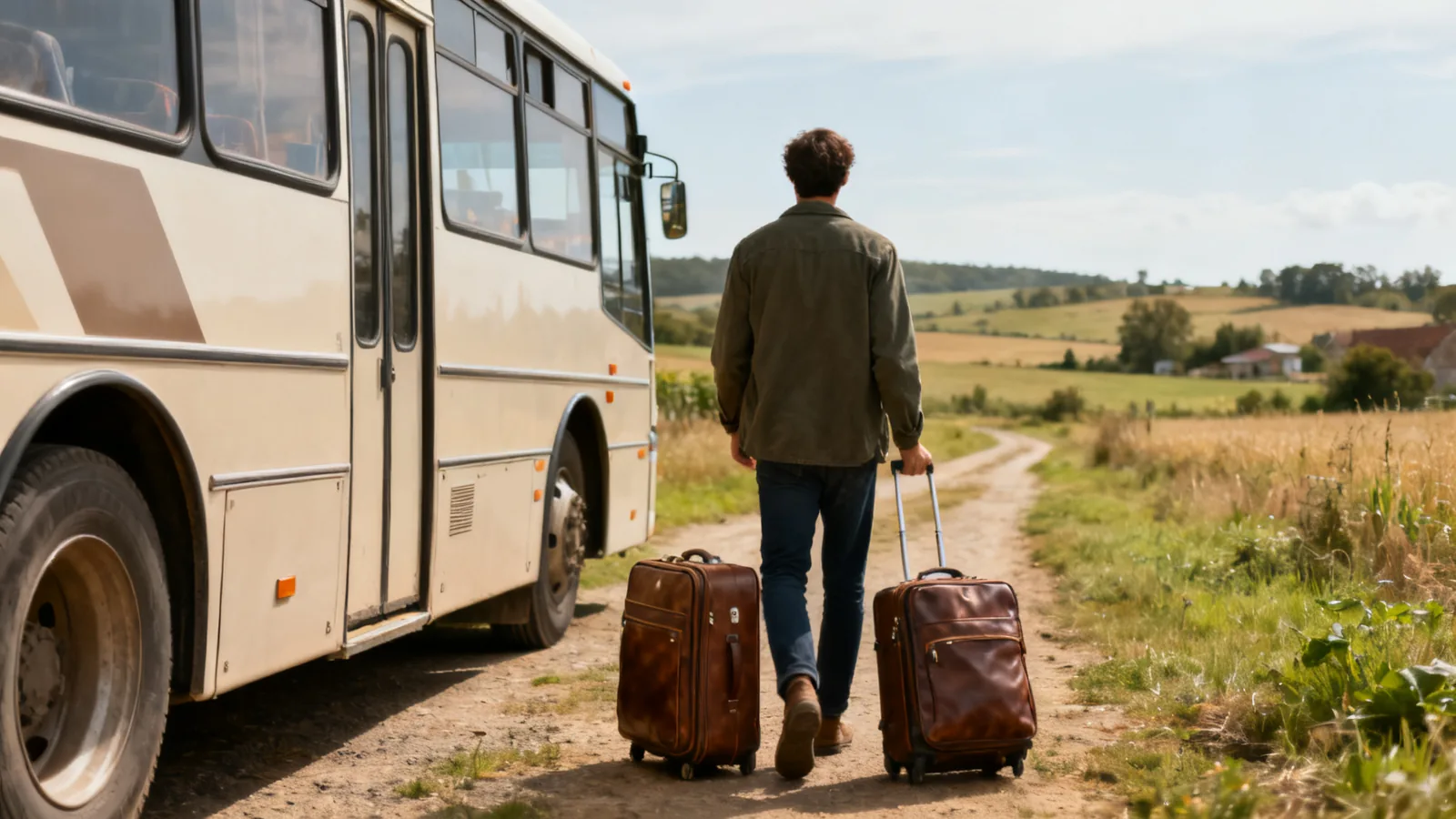 A traveller from behind with luggage beside an unbranded rural coach