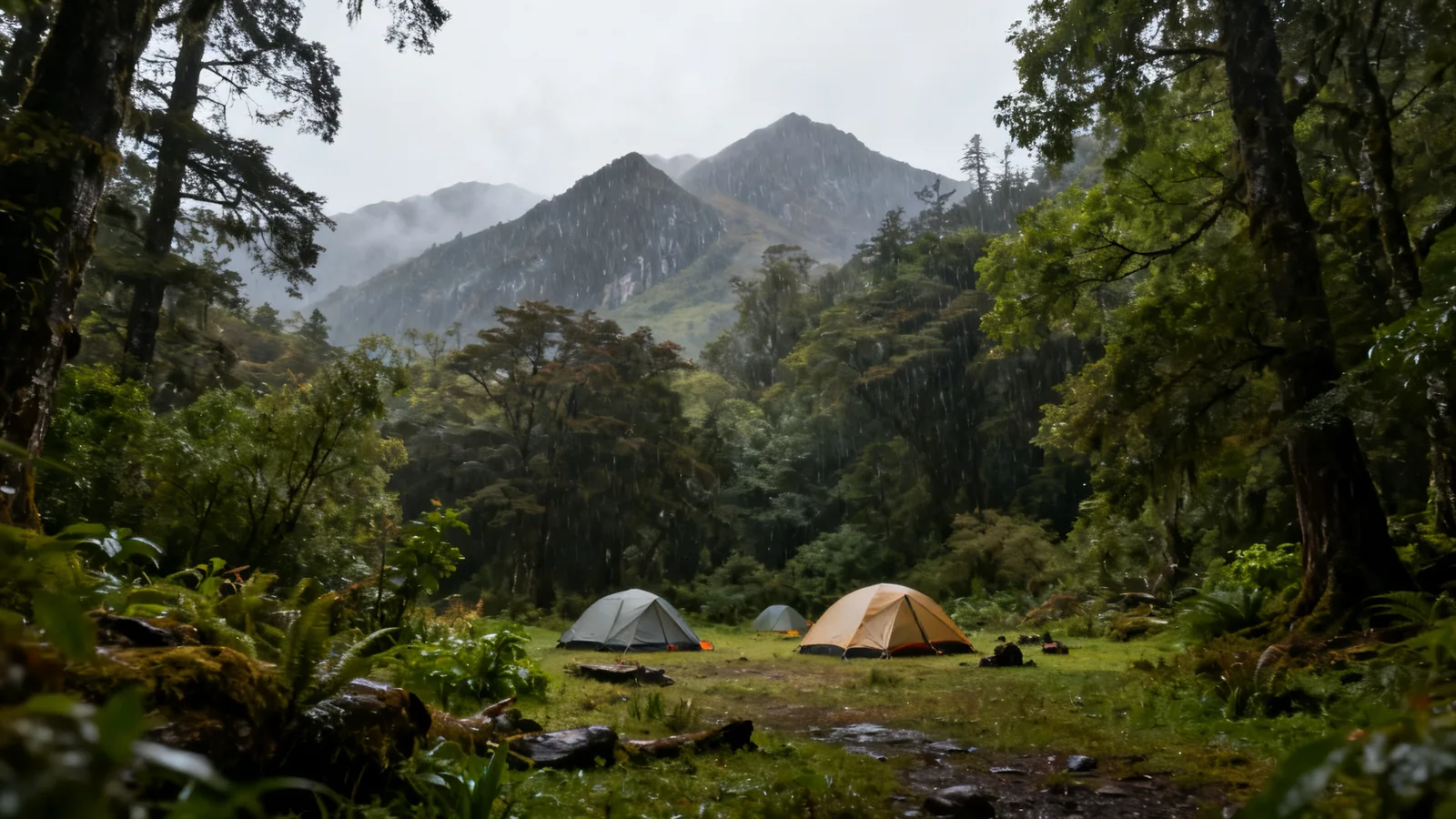 A sheltered forest campsite with small tents and distant wet mountains