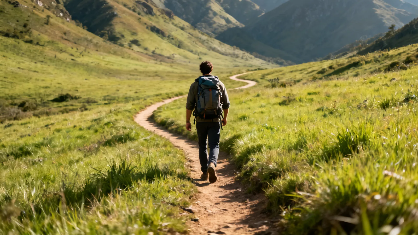 A backpacker from behind on a long winding trail through southern mountain grasslands