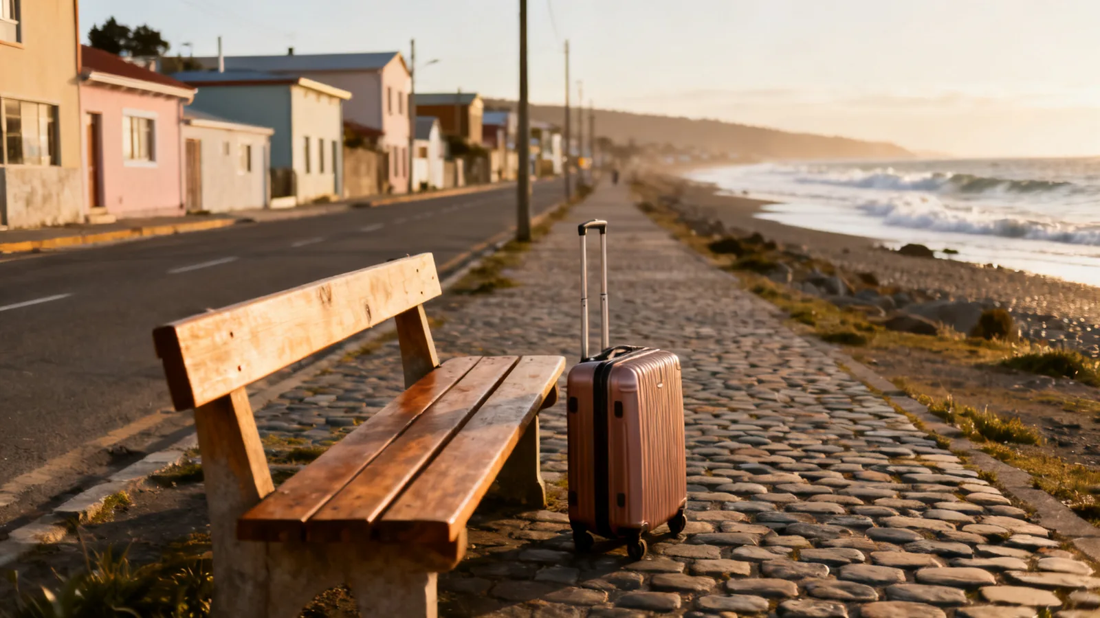 A quiet coastal southern chilean town street with luggage beside a bench
