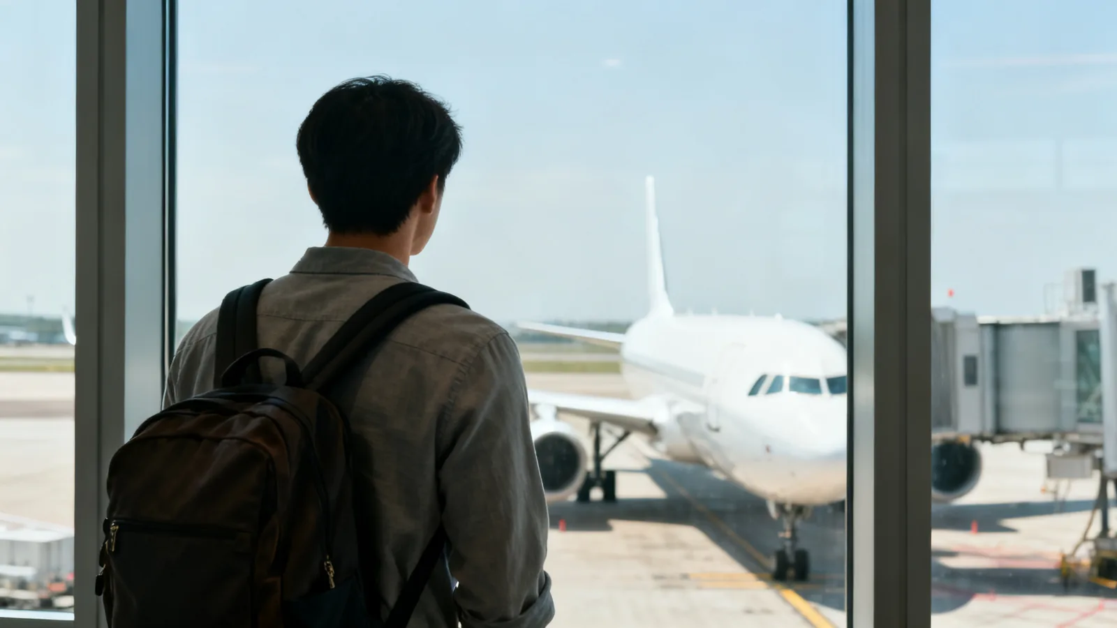 A traveller from behind looking through an airport window at an unbranded aircraft