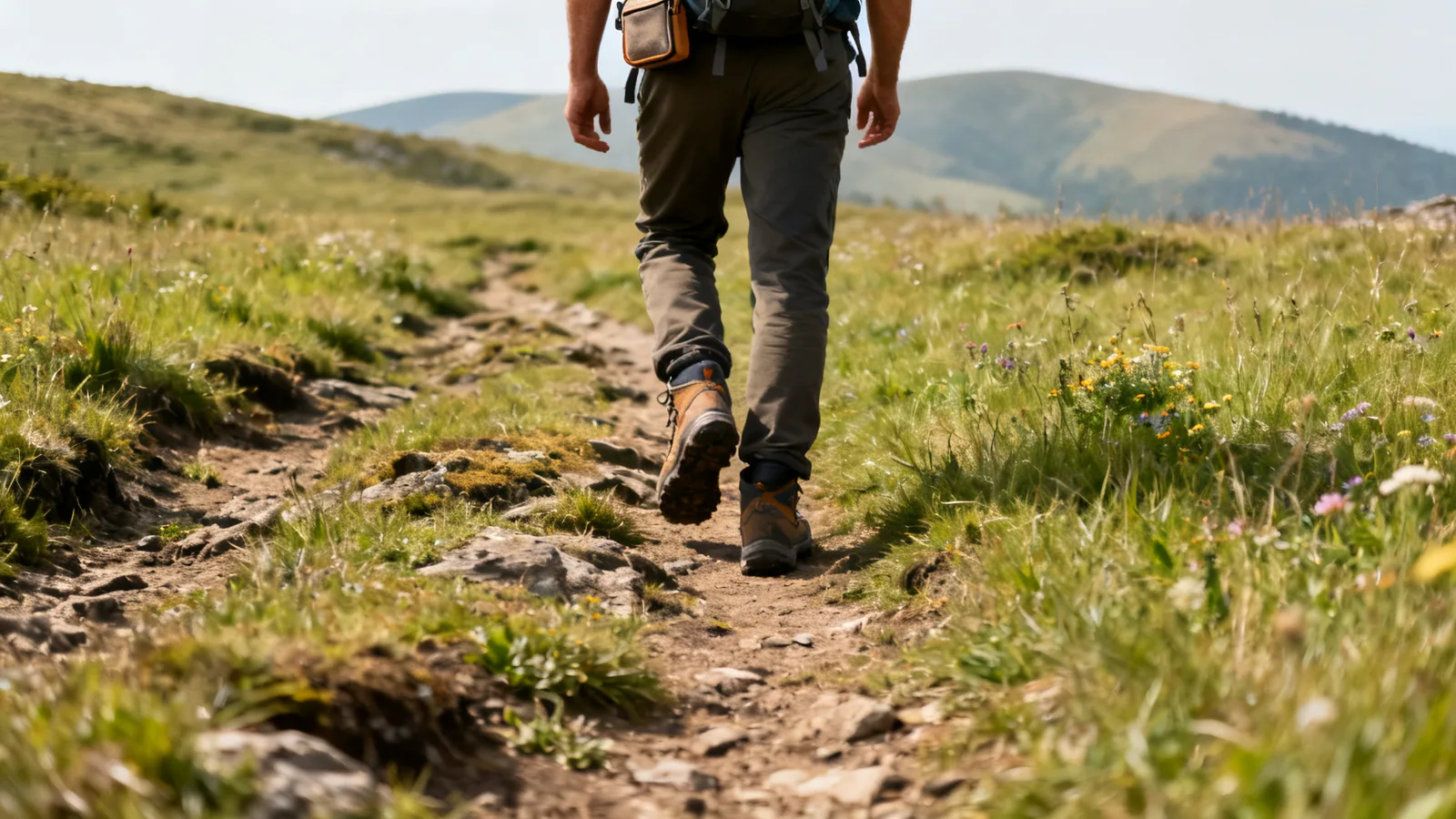 A day hiker from behind walking a rough grassland path below distant hills