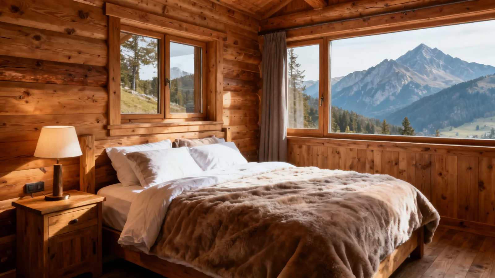 A comfortable timber lodge bedroom with a mountain view, no brand details