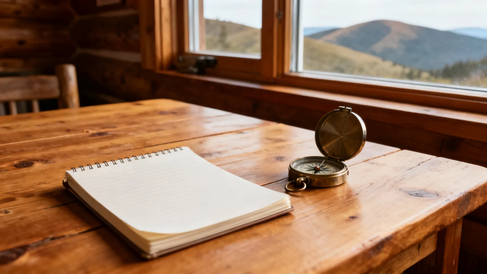A paper notebook and compass on a lodge table near a window onto distant hills