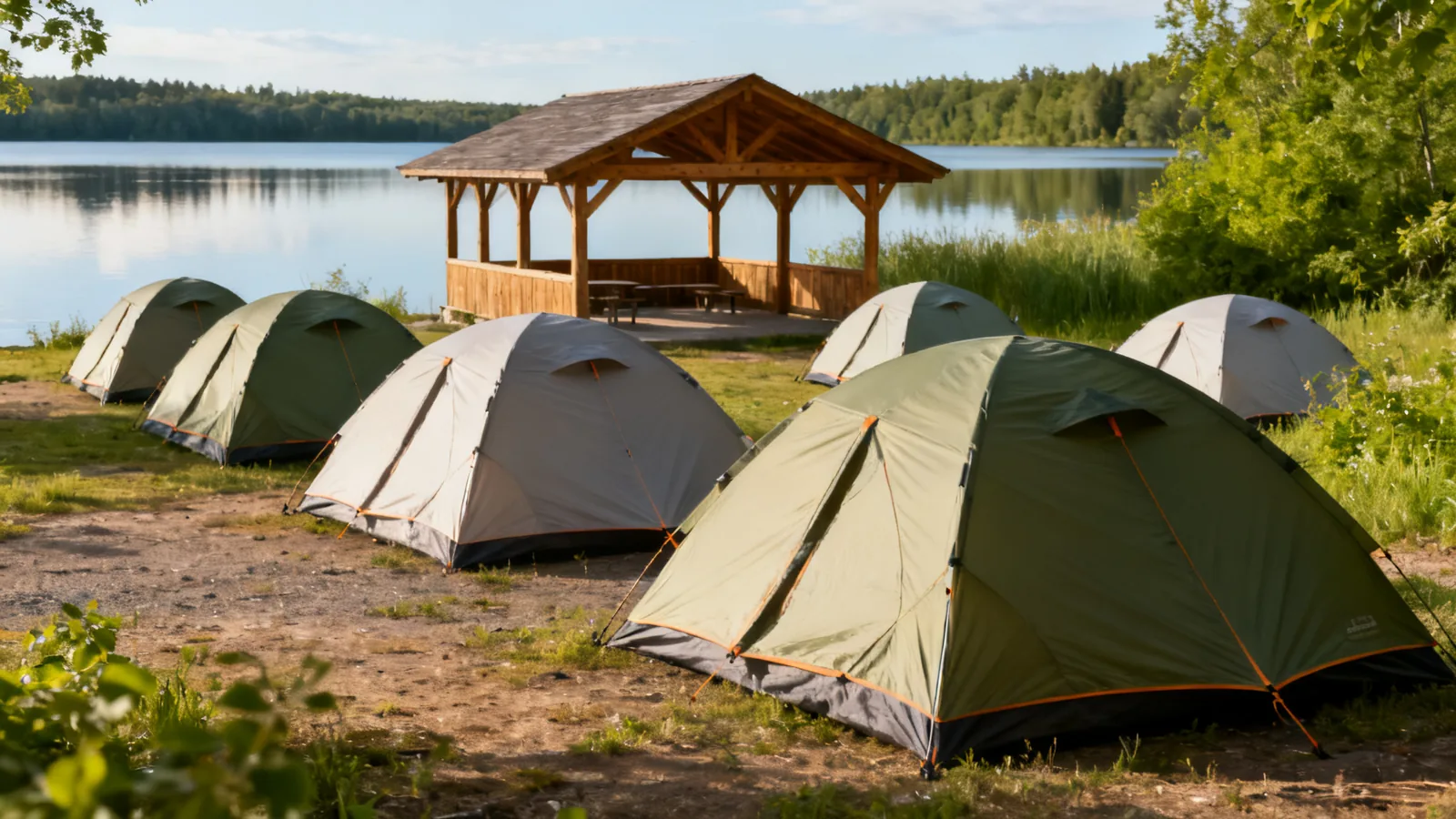 Small tents at an orderly lakeside campsite with a shared wooden shelter