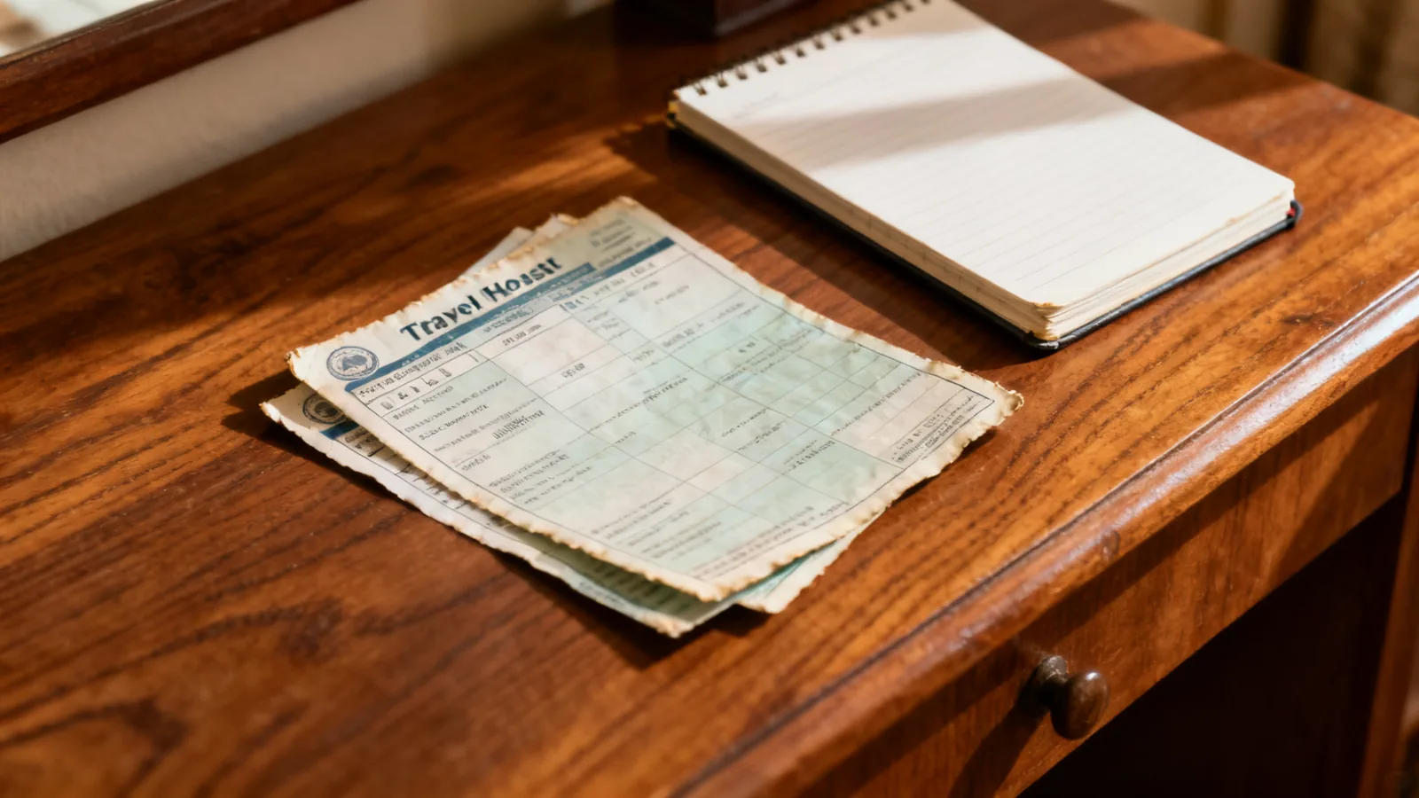 Travel documents face down beside a notebook on a wooden guesthouse desk