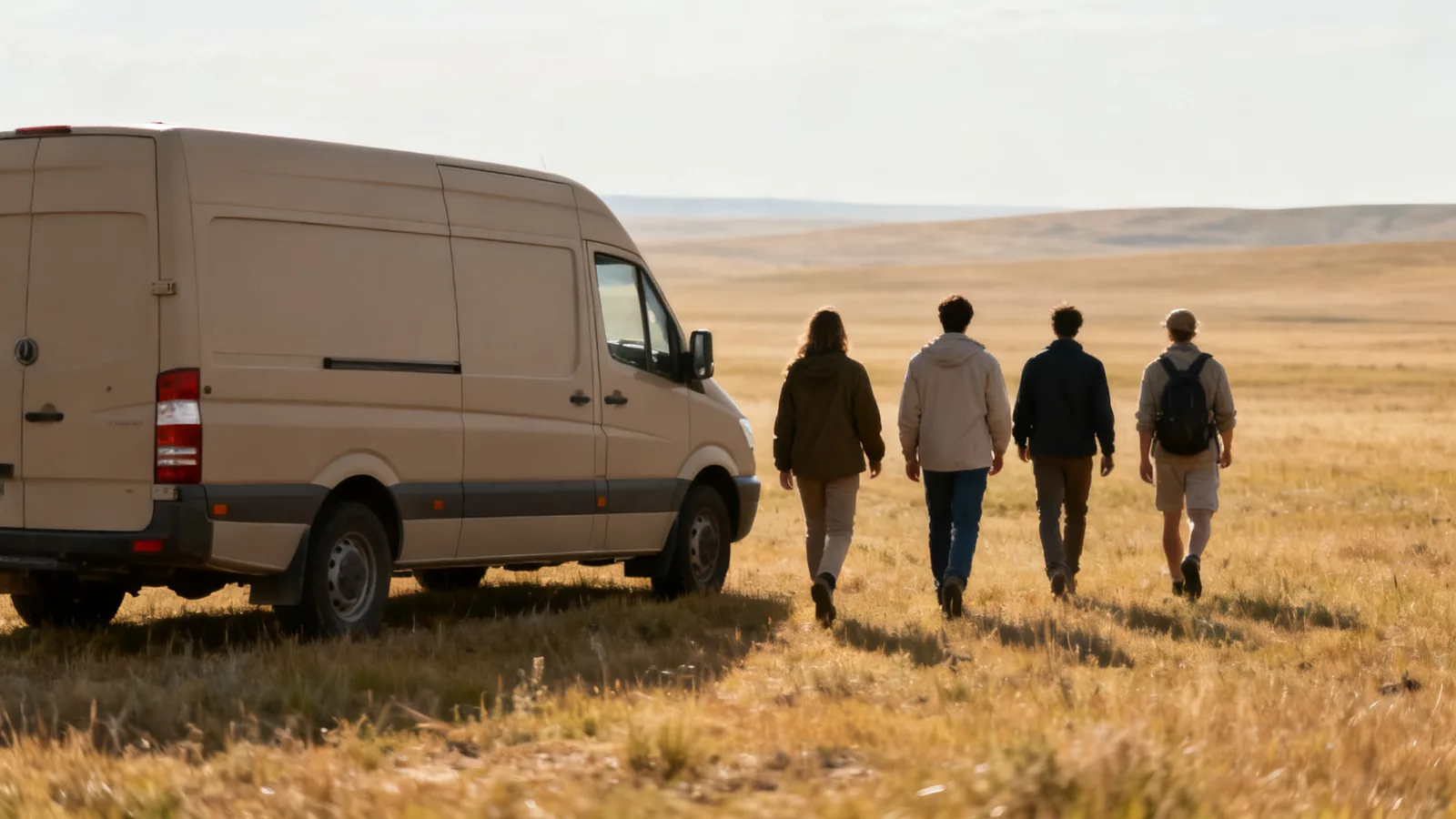 A small walking group from behind beside an unbranded excursion van in steppe