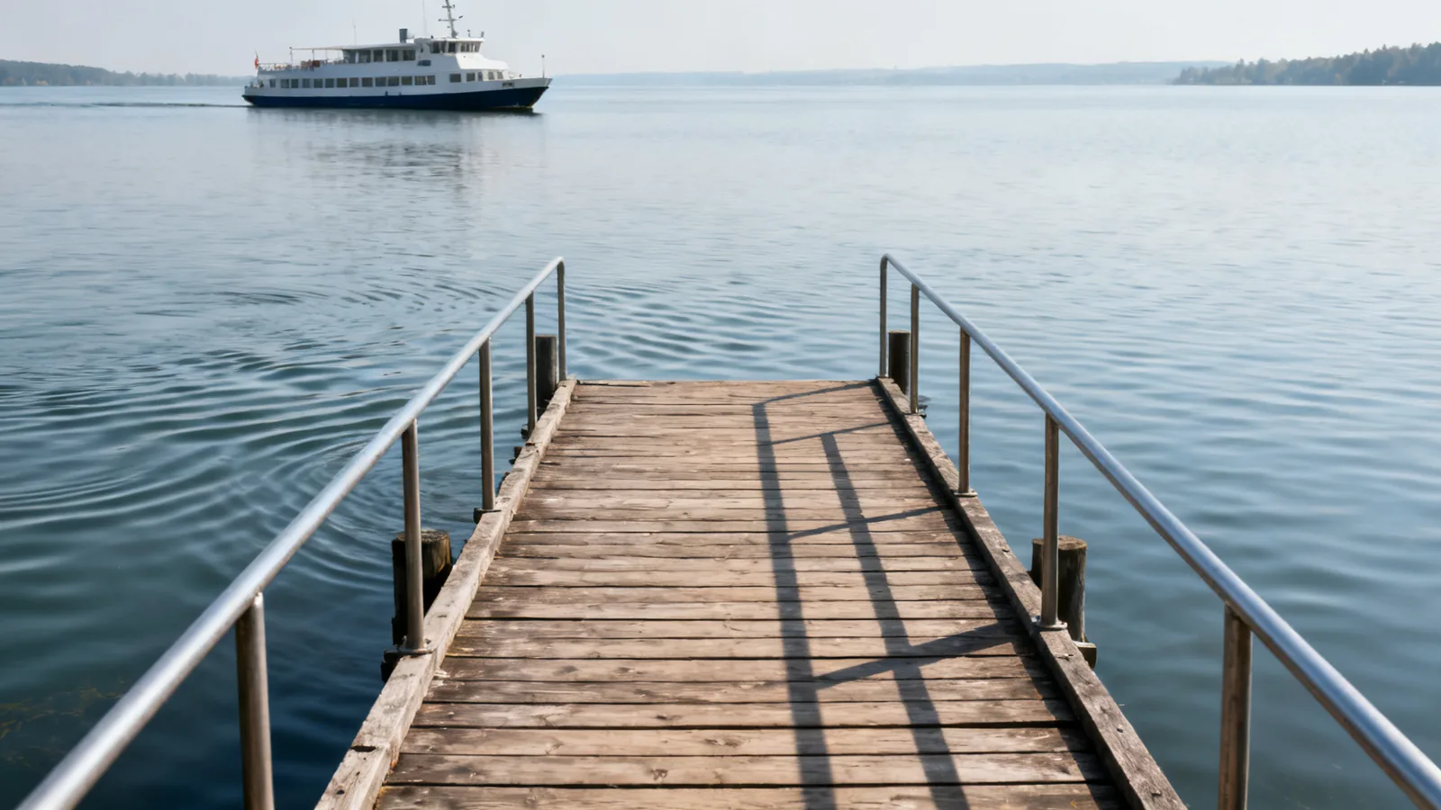 A simple lakeside jetty with an unbranded ferry seen at a distance