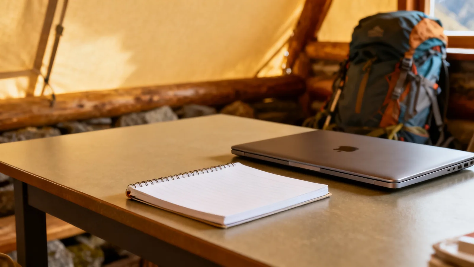 A desk with a blank notebook and closed laptop in a trekking lodge
