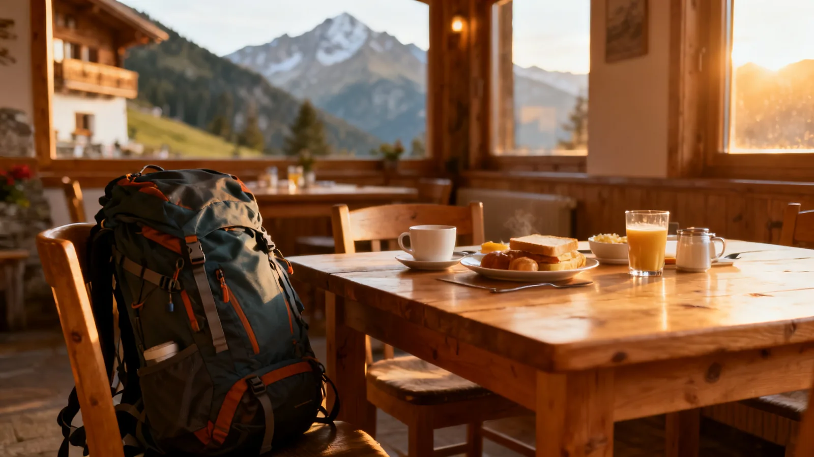 A breakfast table in a mountain lodge with a backpack beside the chair