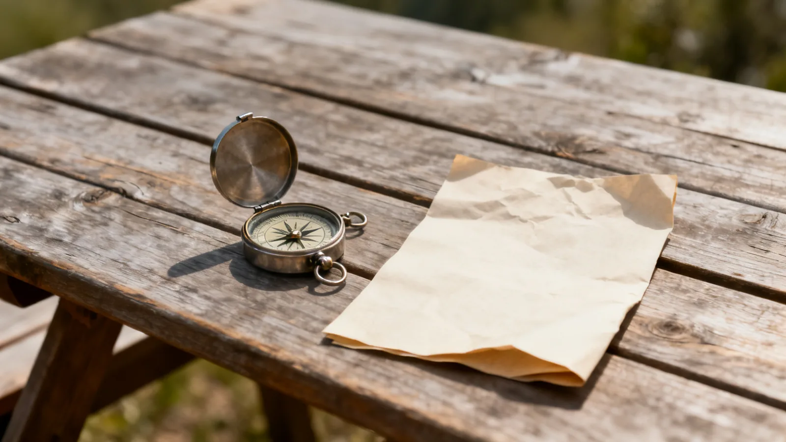 A compass and a folded plain paper sheet on a wooden table outdoors