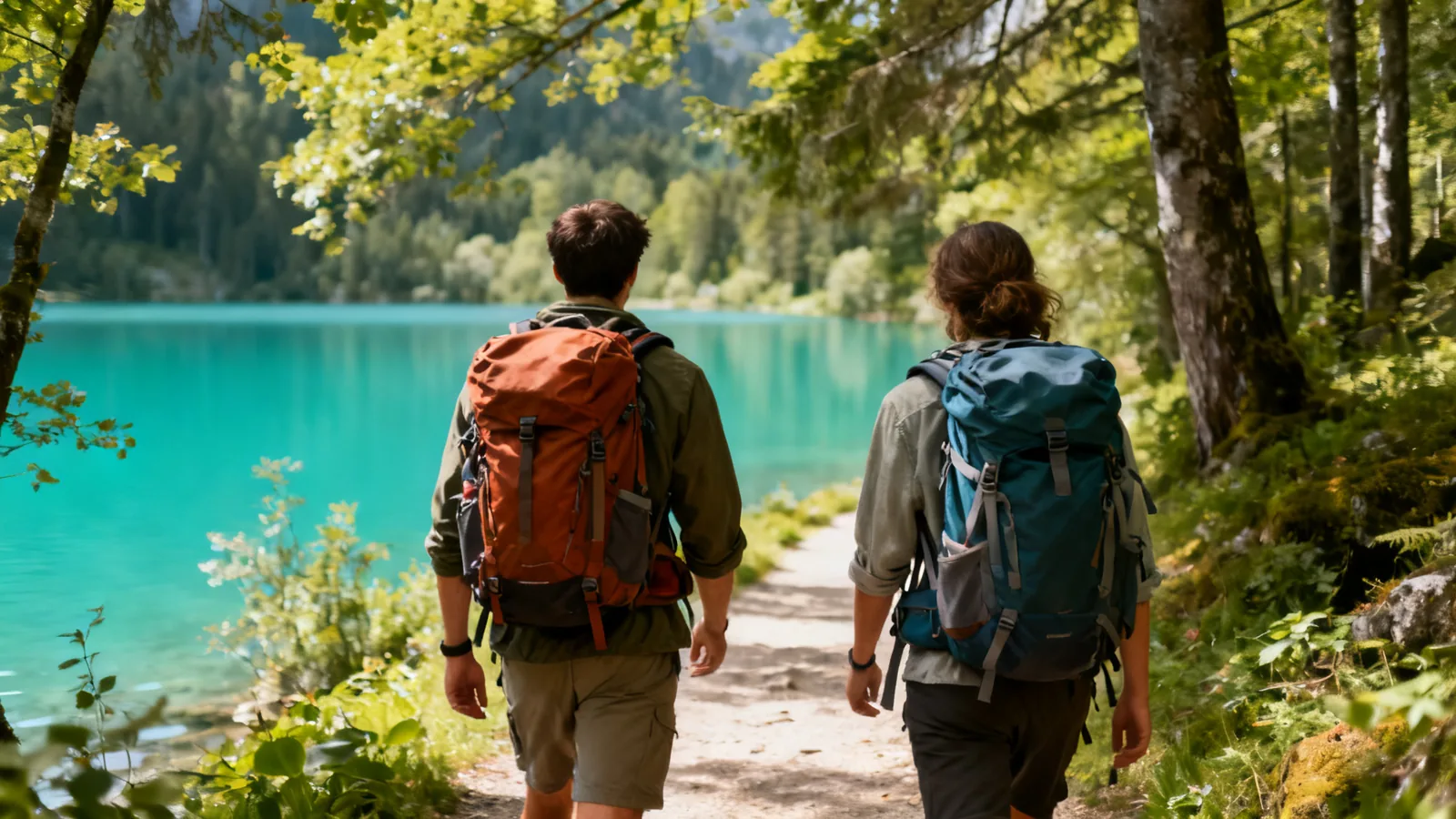 Backpackers from behind on a path between woodland and a turquoise lake